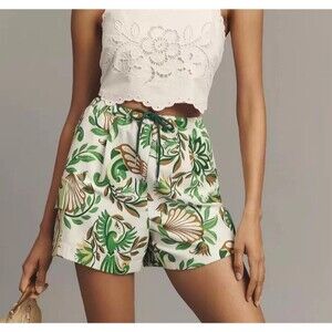 NWT !  Farm Rio Anthropologie Cargo Shorts Pull-On Green Printed Shells Sz XL